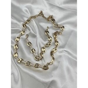 Pig nose Gold Tone Chain Link Necklace and Bracelet Jewelry Set with Clear Stone